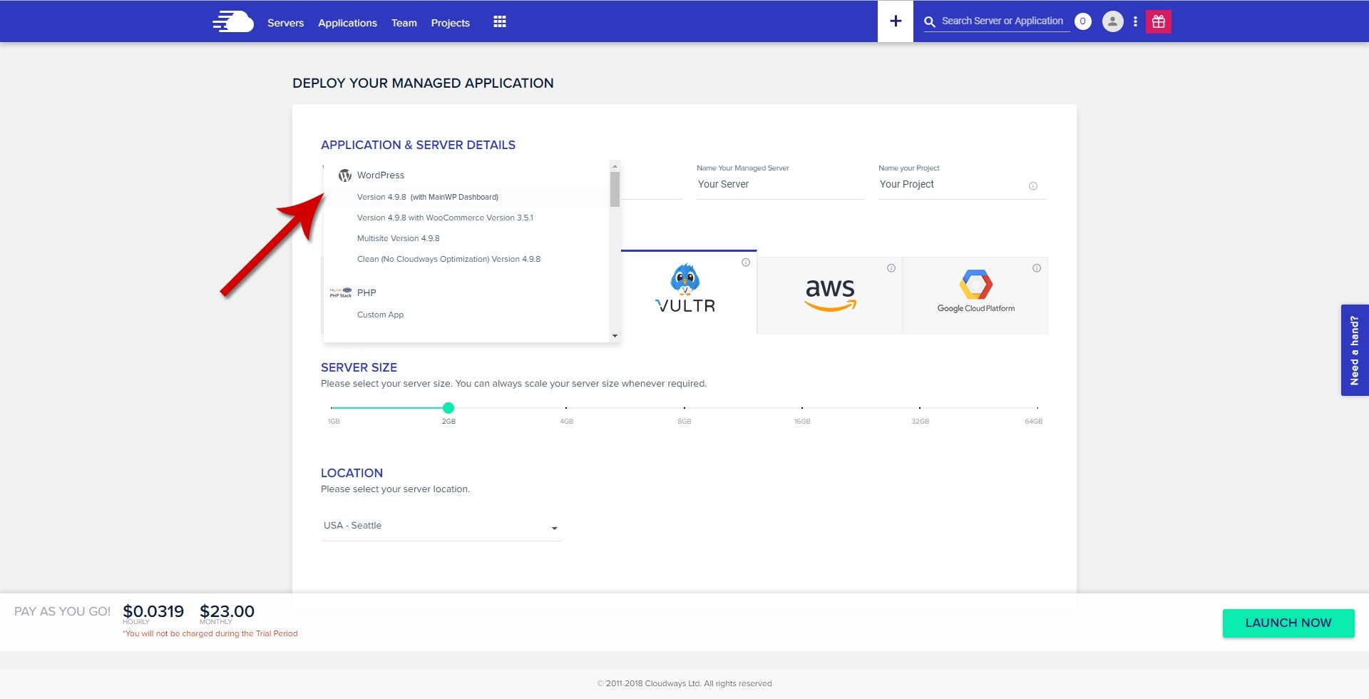 Cloudways Application menu showing WordPress with MainWP option
