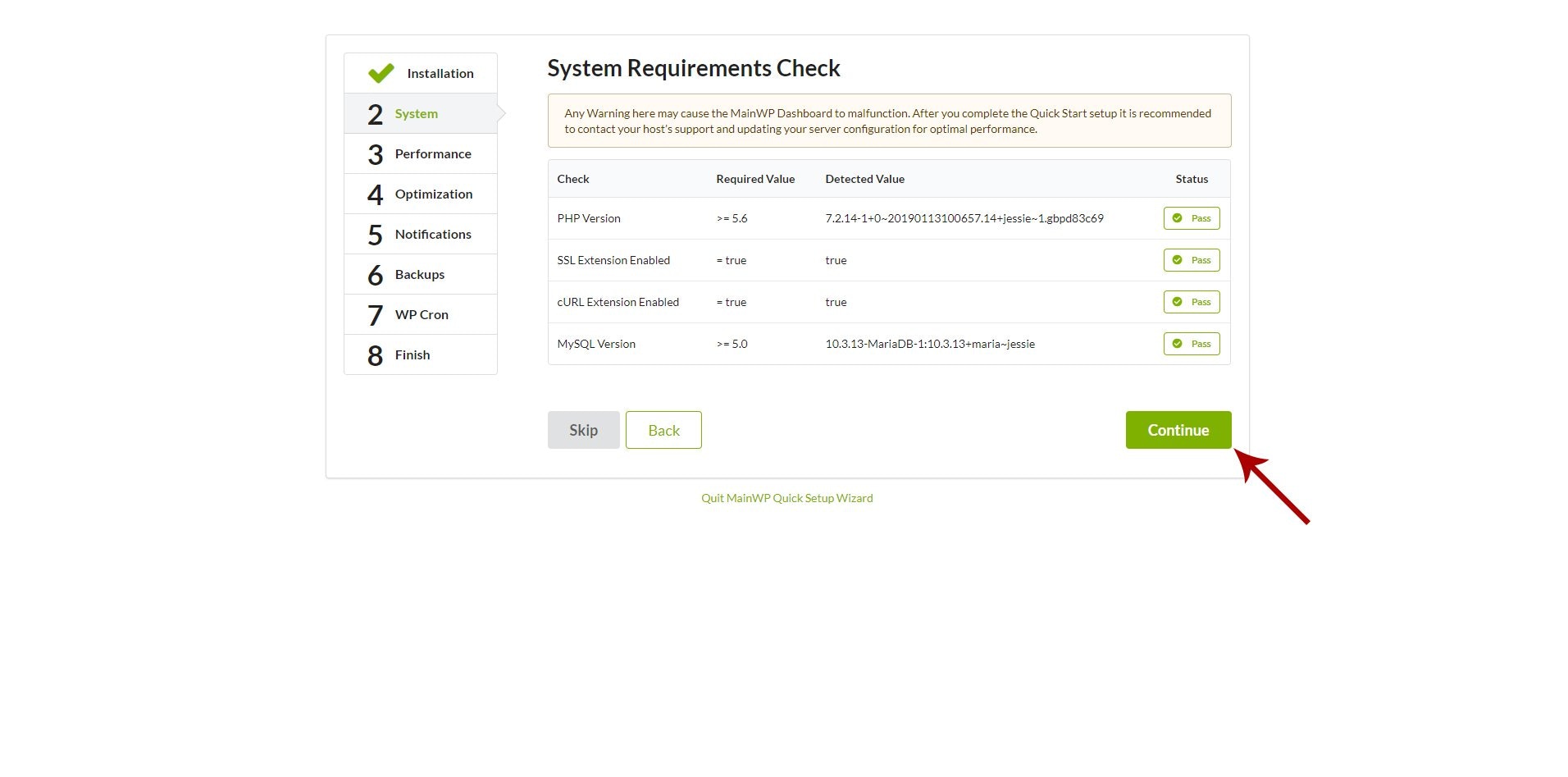 Quick Setup Wizard showing system requirements verification