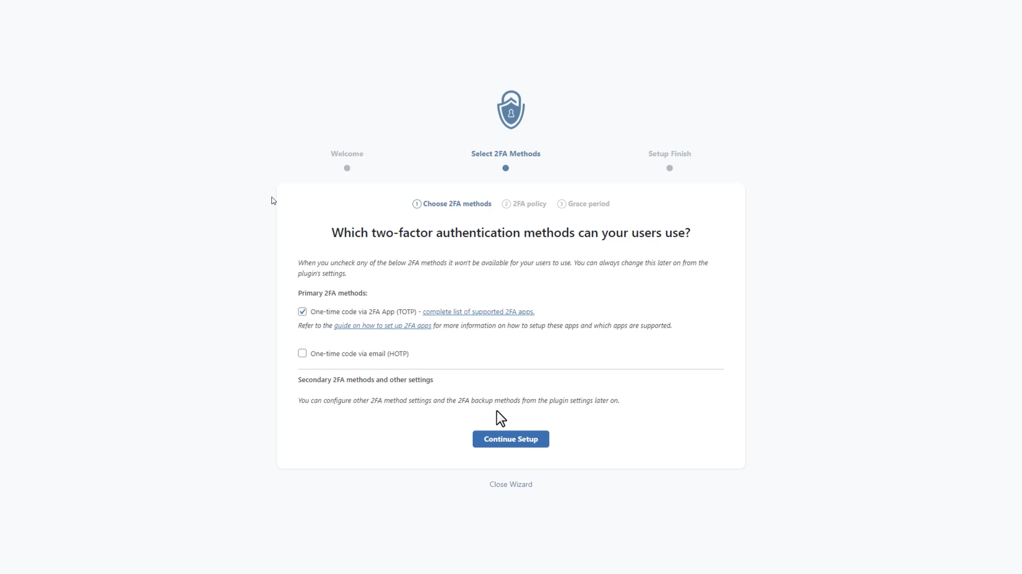 2FA Settings - method selection