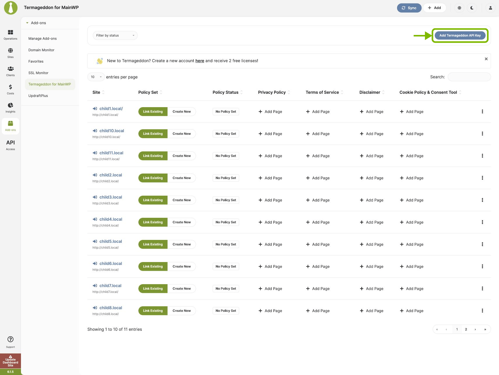 Add Termageddon API Key button in Termageddon for MainWP