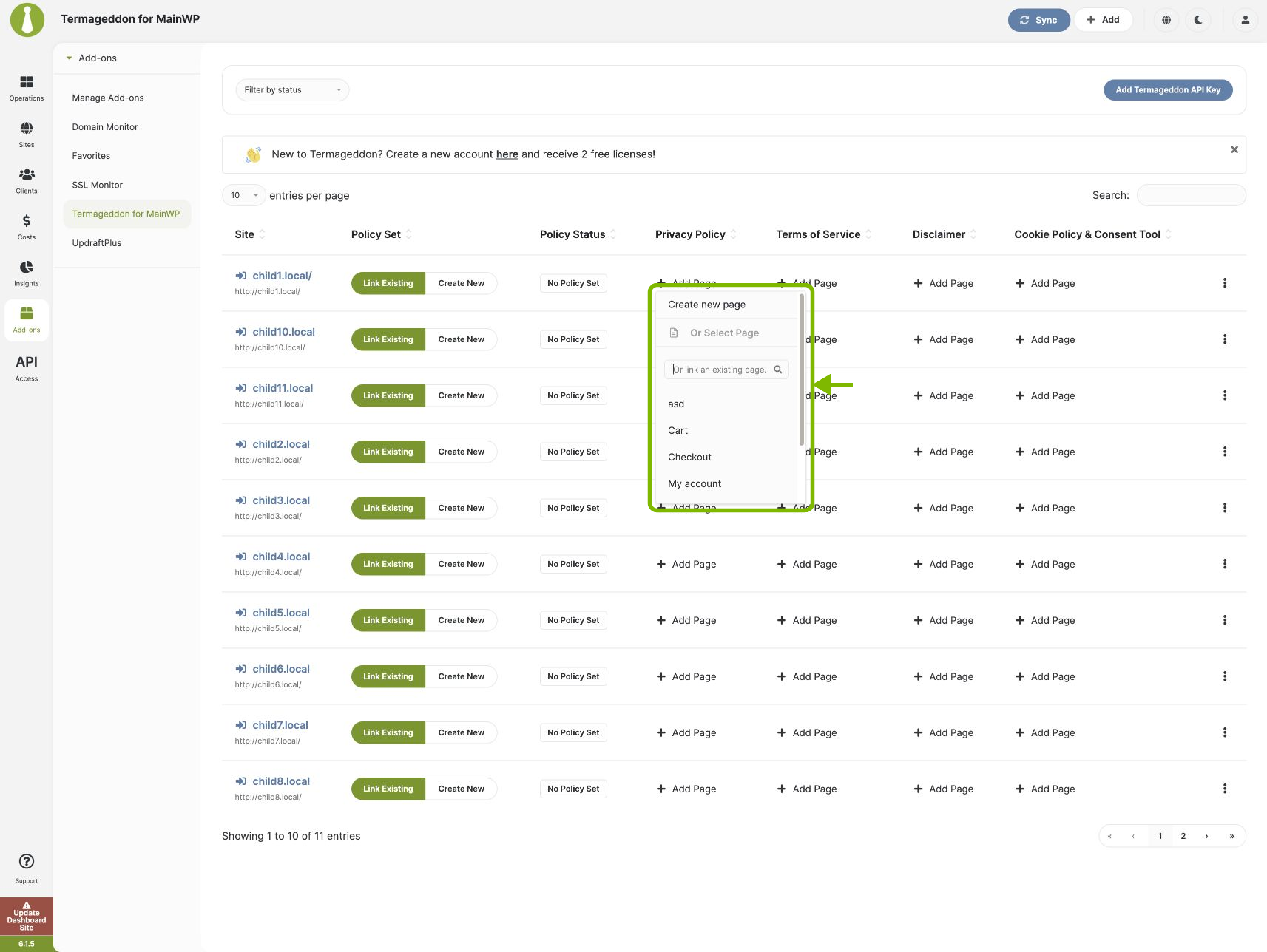 Add Page menu with the searchable existing-page selector