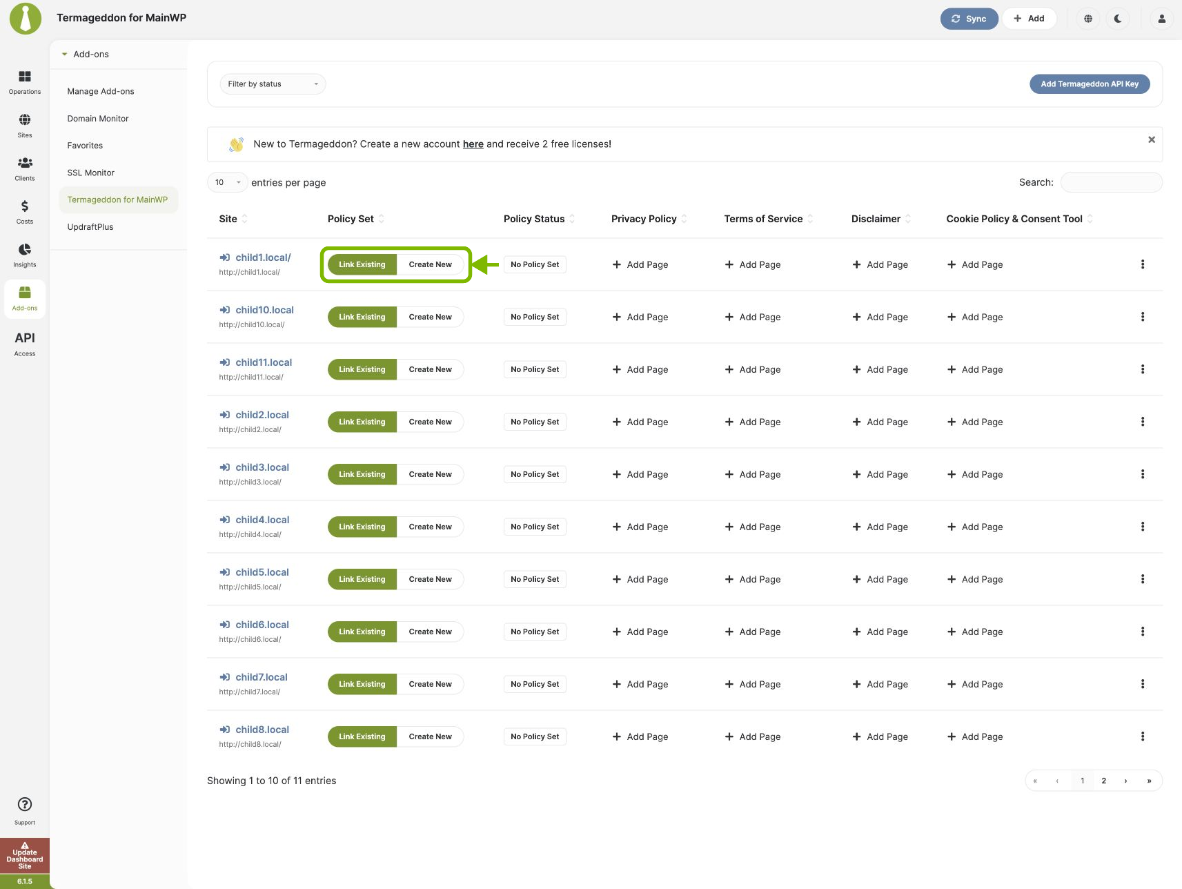 Link Existing and Create New buttons in the Policy Set column