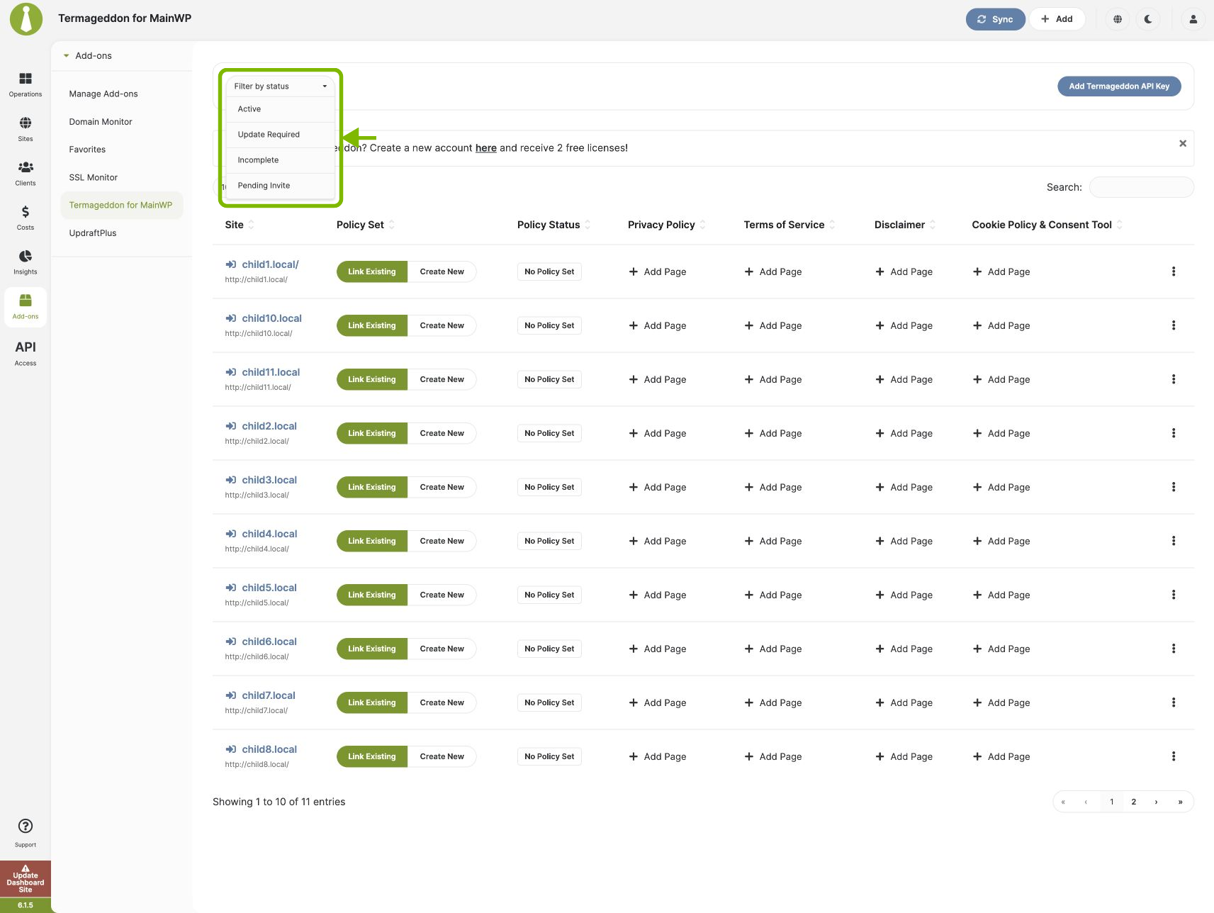 Filter by status menu showing the available Policy Set statuses