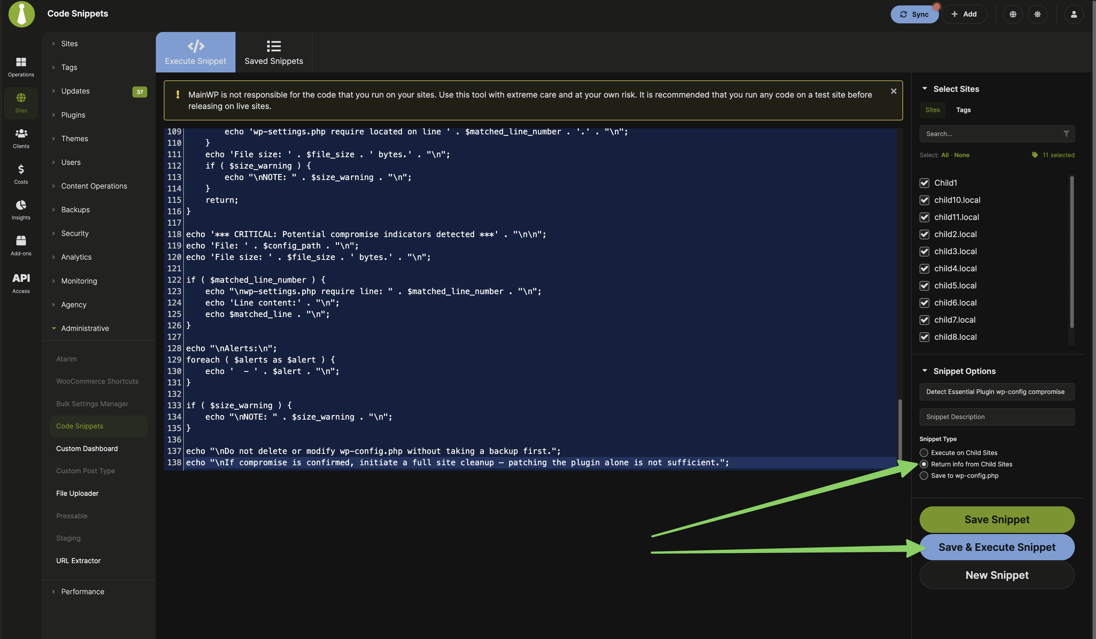 MainWP Code Snippets screen with Return info from Child Sites selected and Save and Execute Snippet highlighted