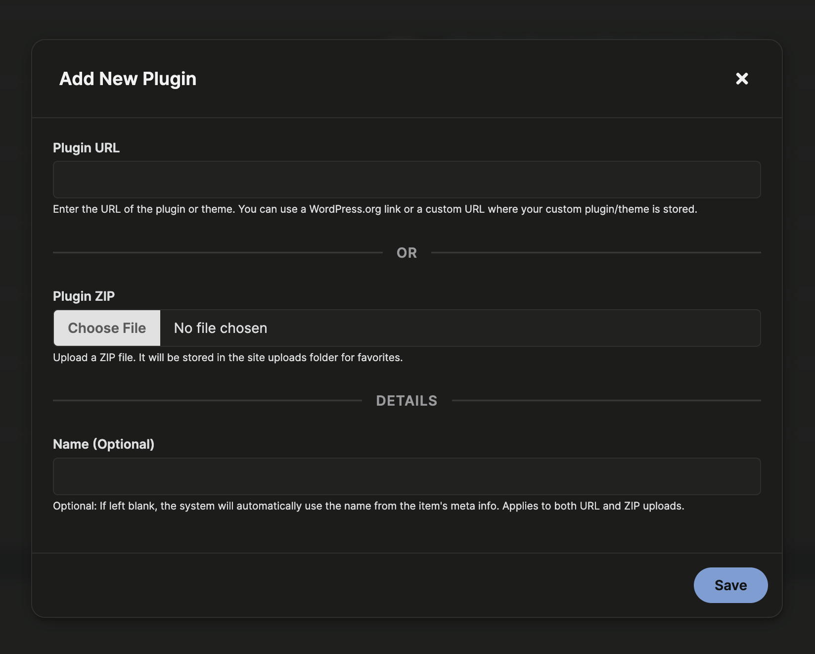 Add New Plugin modal showing the URL field, ZIP upload field, and optional name field
