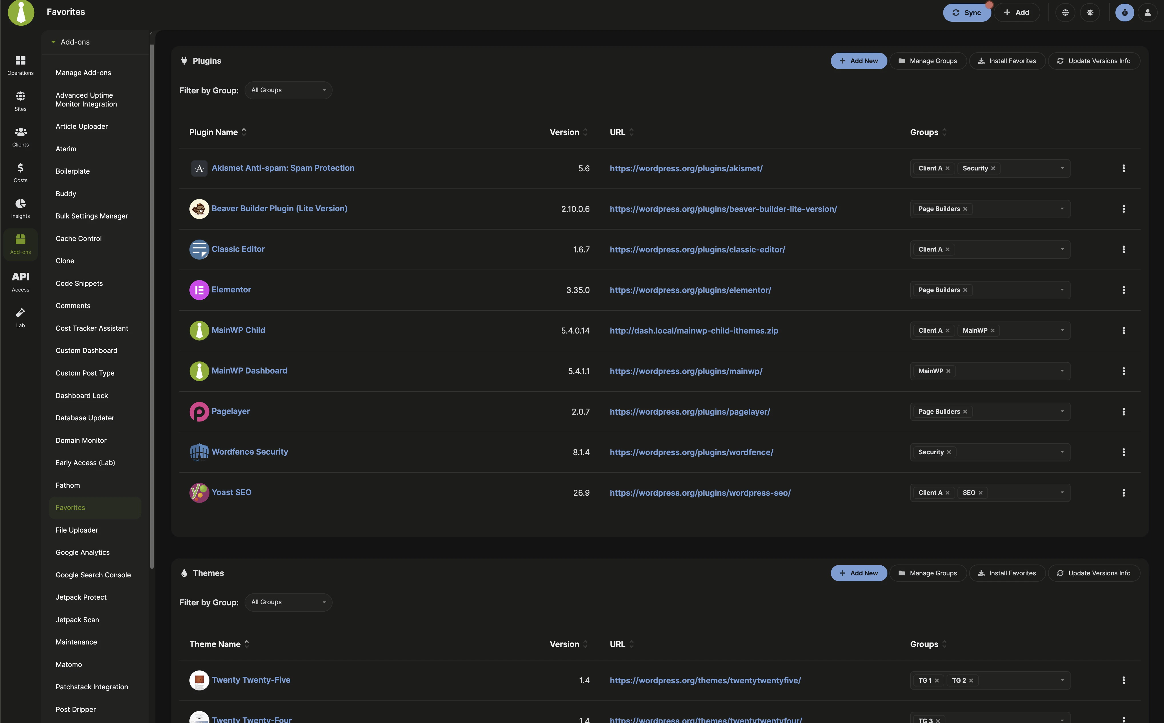 Favorites Extension page showing saved plugins and themes with groups