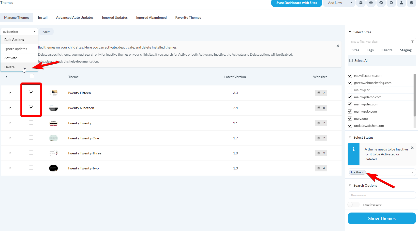 Manage Themes table with checkboxes to select themes and sites for deletion