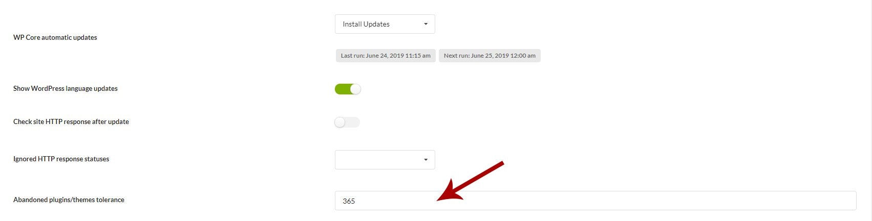 Update Settings page showing Abandoned plugins/themes tolerance field