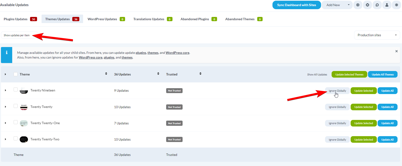 Themes Updates page with View updates per Plugin/Theme dropdown and Ignore Globally button