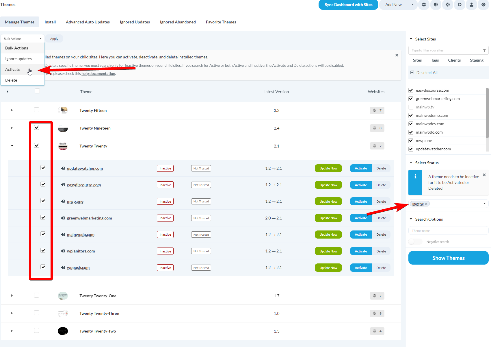 Manage Themes table with checkboxes to select themes and sites for activation
