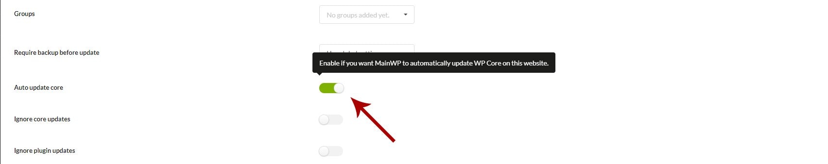Child Site Edit page showing Auto Update Core option set to Yes