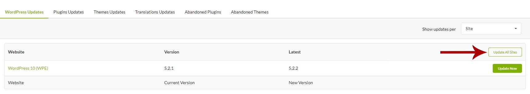 WordPress Updates page showing Update All Sites button in the table header