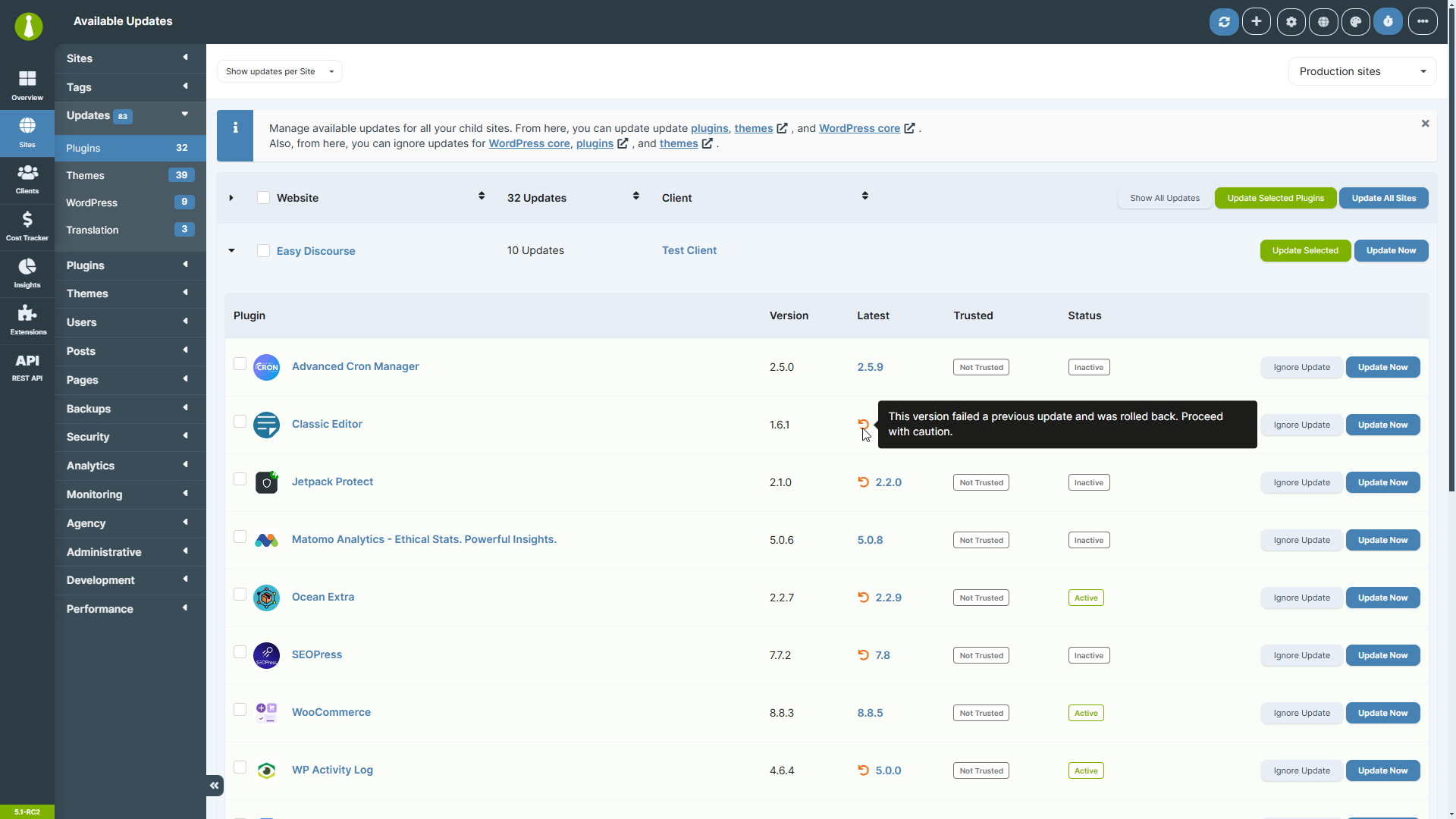 Shows the rollback feature in action after a failed plugin update.