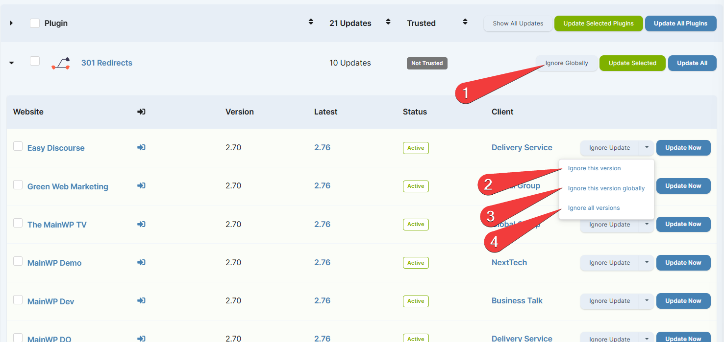 Plugin ignore options dropdown showing Ignore Globally, Ignore this version, and other options