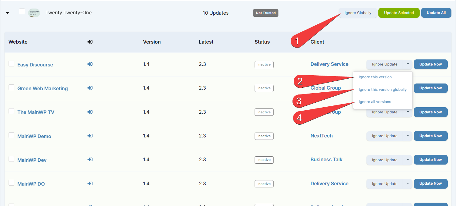 Theme ignore options dropdown showing Ignore Globally, Ignore this version, and other options