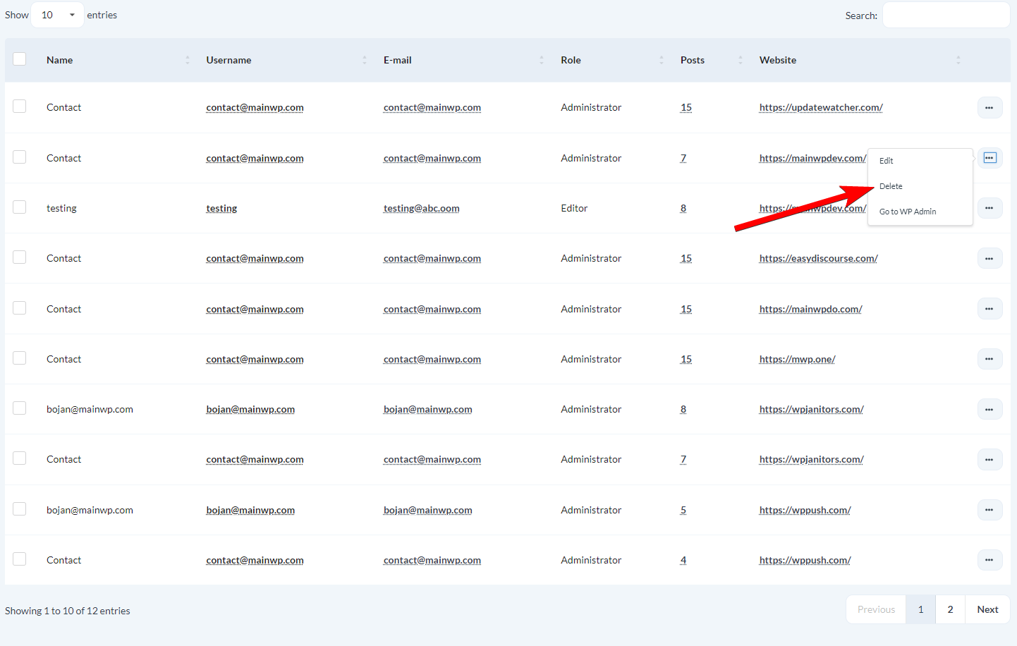 User search results with users selected for deletion