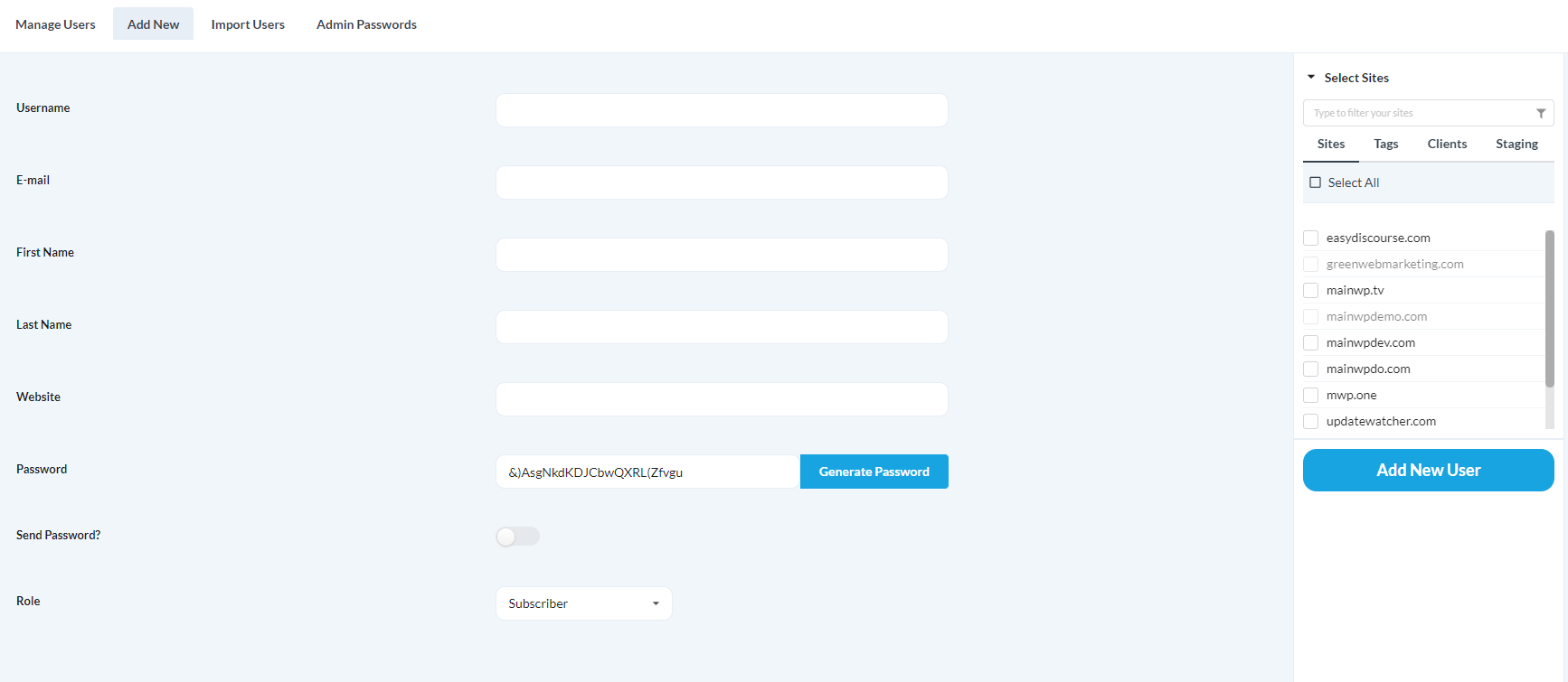 Go to the MainWP > Users > Add New page