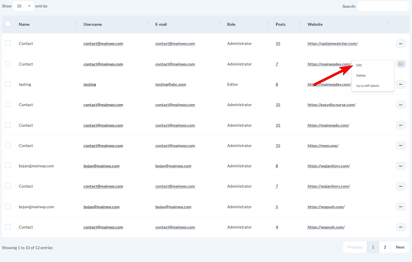 User search results table showing matching users
