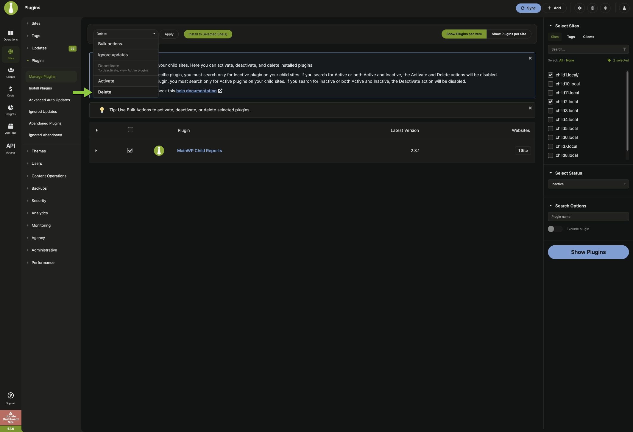Select plugins and choose Delete from Bulk Actions