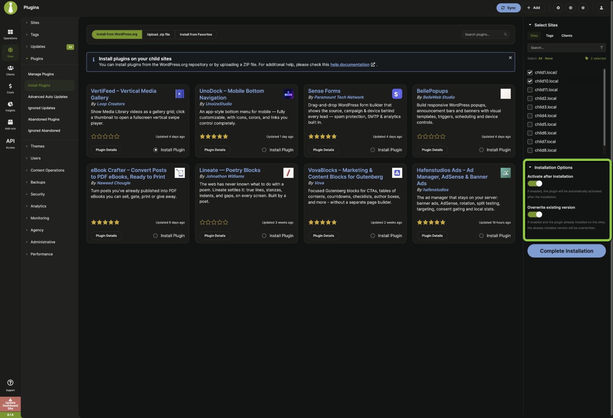 Select sites and configure plugin installation options
