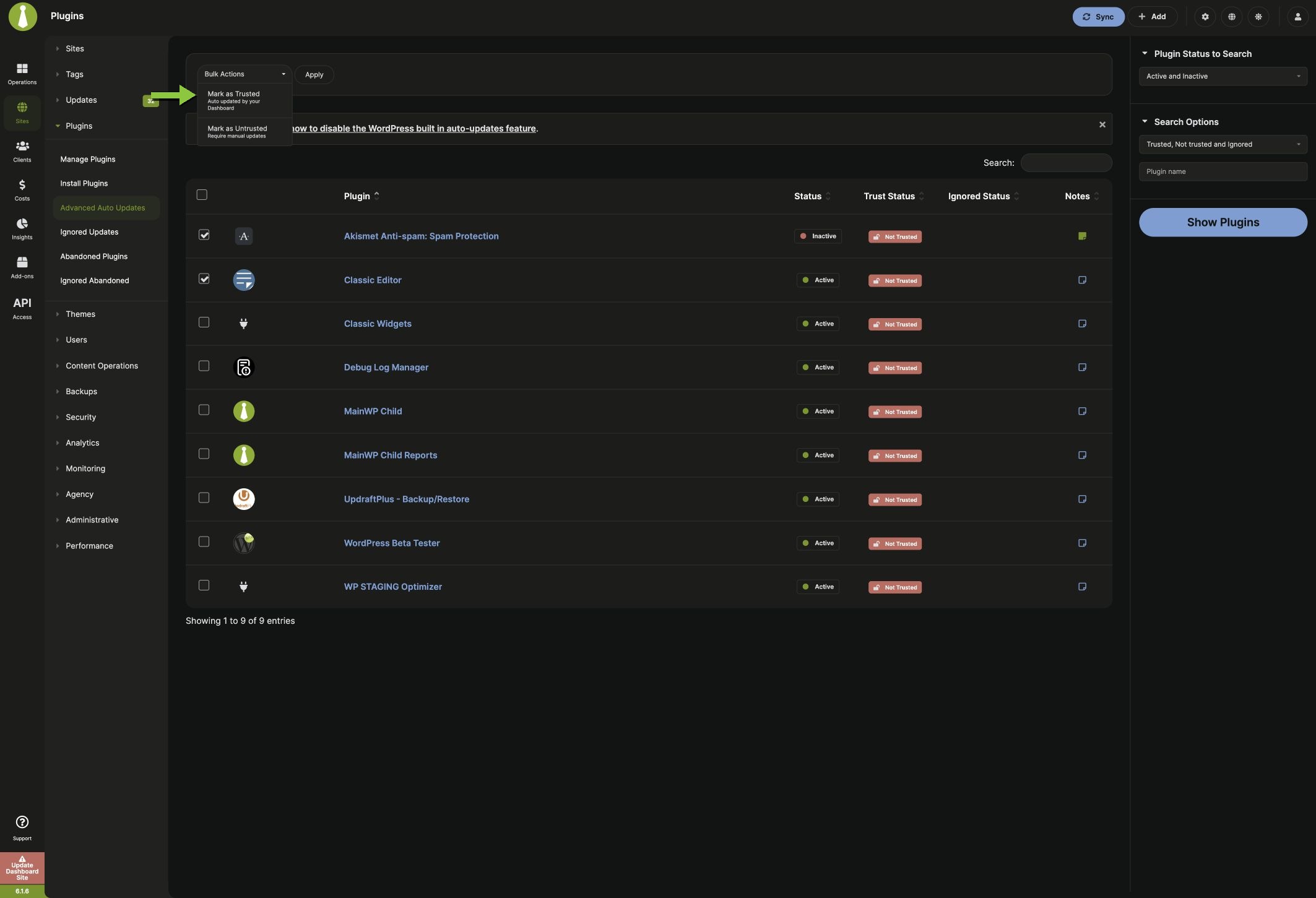 Select plugins and choose Mark as Trusted from Bulk Actions