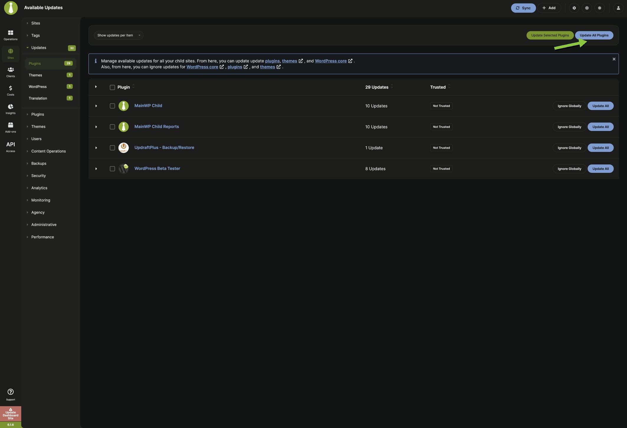 Update all available plugins across all child sites