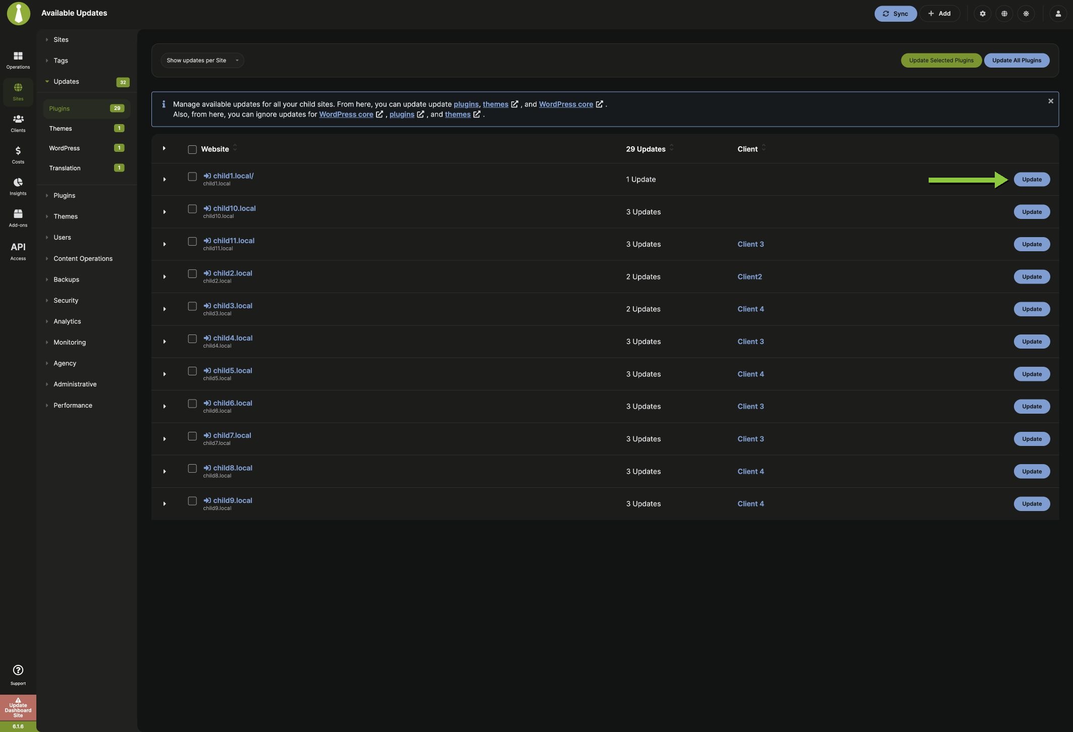 View plugin updates by site and update all plugins on one site