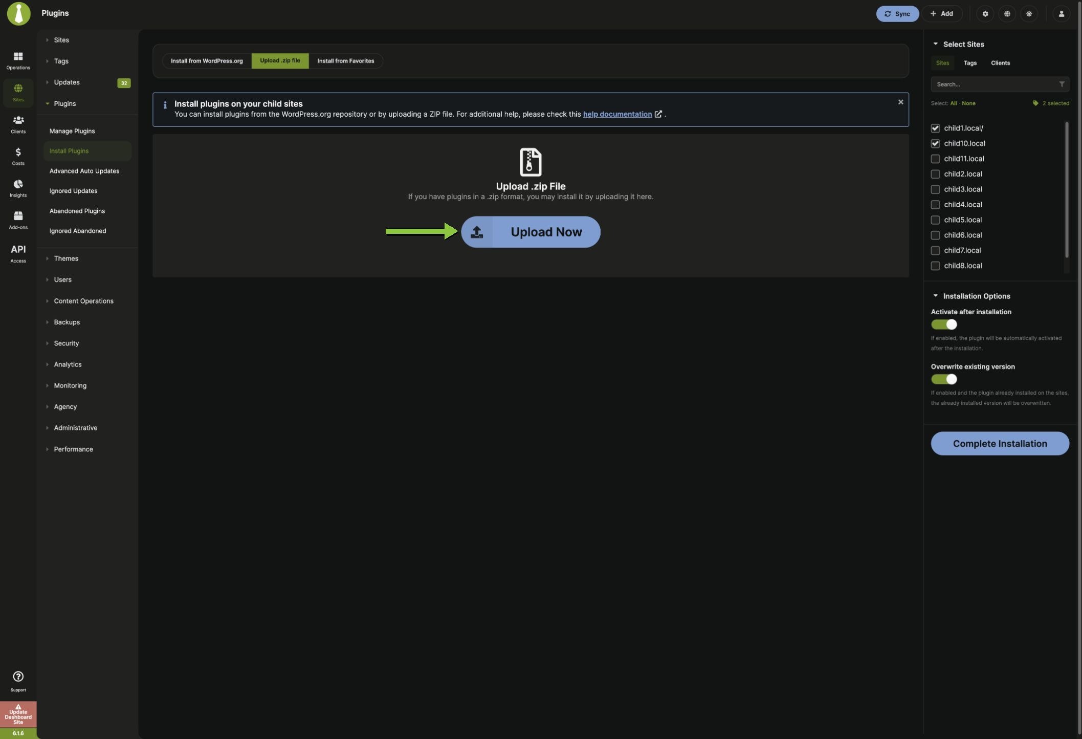 Upload a plugin ZIP file and configure installation options