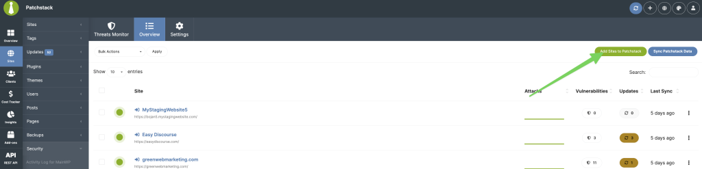Patchstack Integration Add Sites modal showing site protection options
