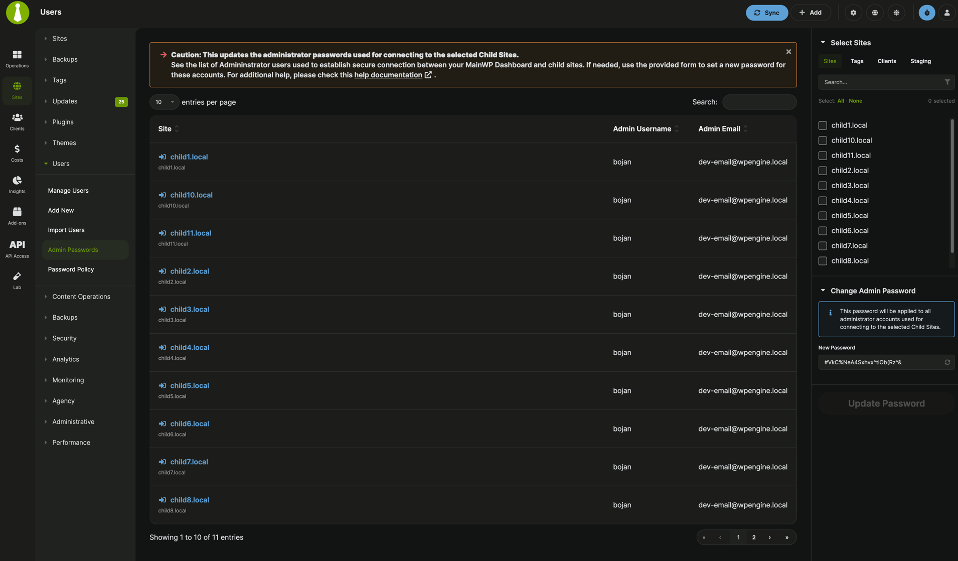 Admin Passwords page in MainWP Dashboard