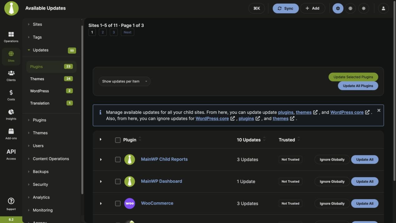 Updates page showing the site range, current page, and numbered pagination controls above the plugin list