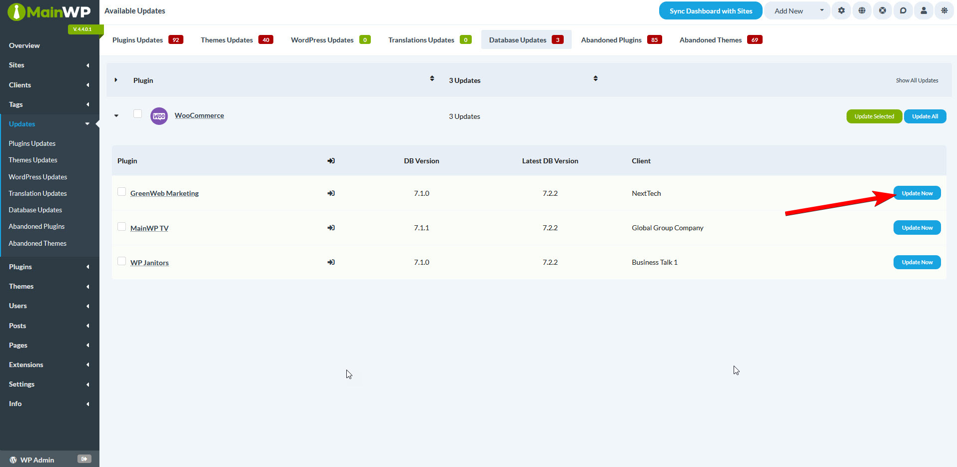 Click the Update Now button next to the desired site