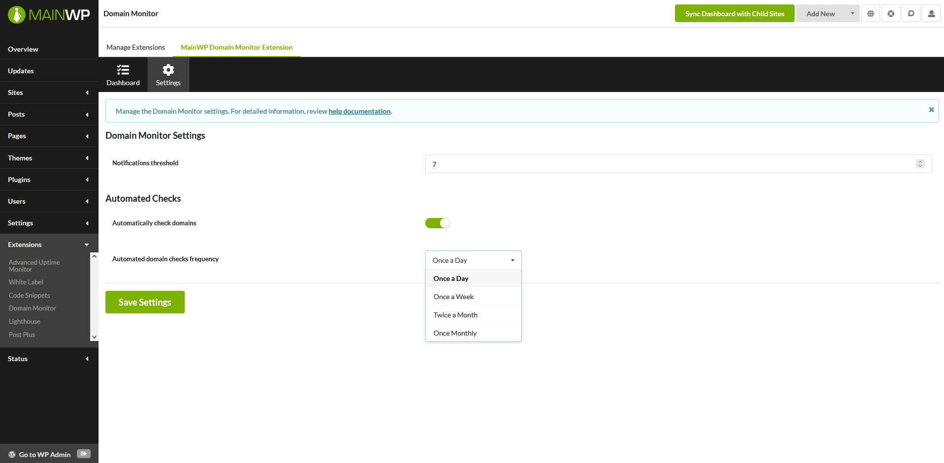 Screenshot of Domain Monitor settings showing notification threshold and automated check options