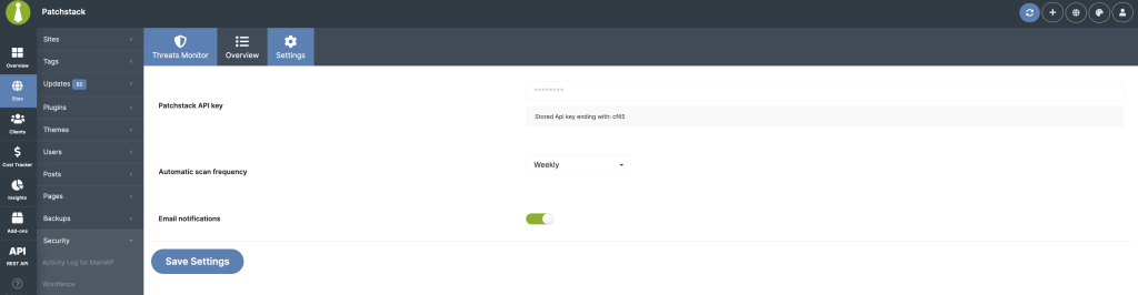 Patchstack Integration settings page with API key and notification options