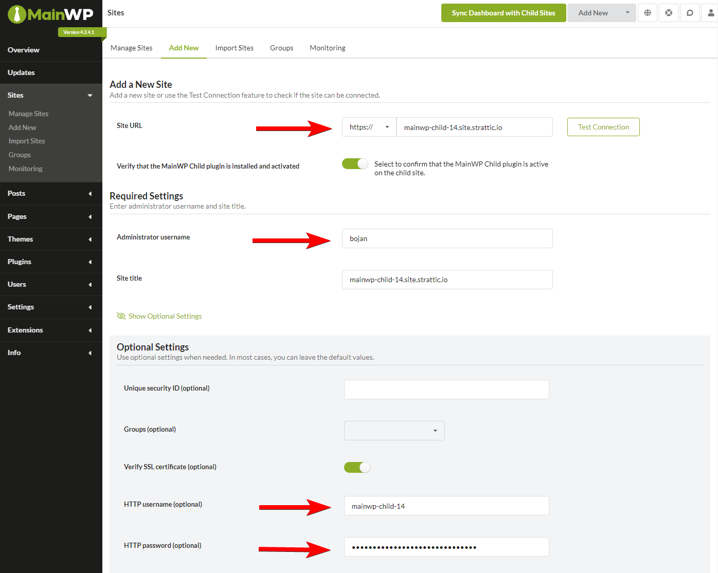 MainWP Add Site form with HTTP authentication fields