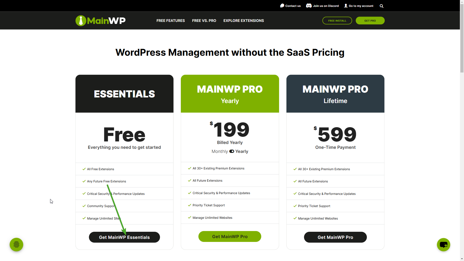 Arrow pointing to Get MainWP Essentials button on the Sign Up page.
