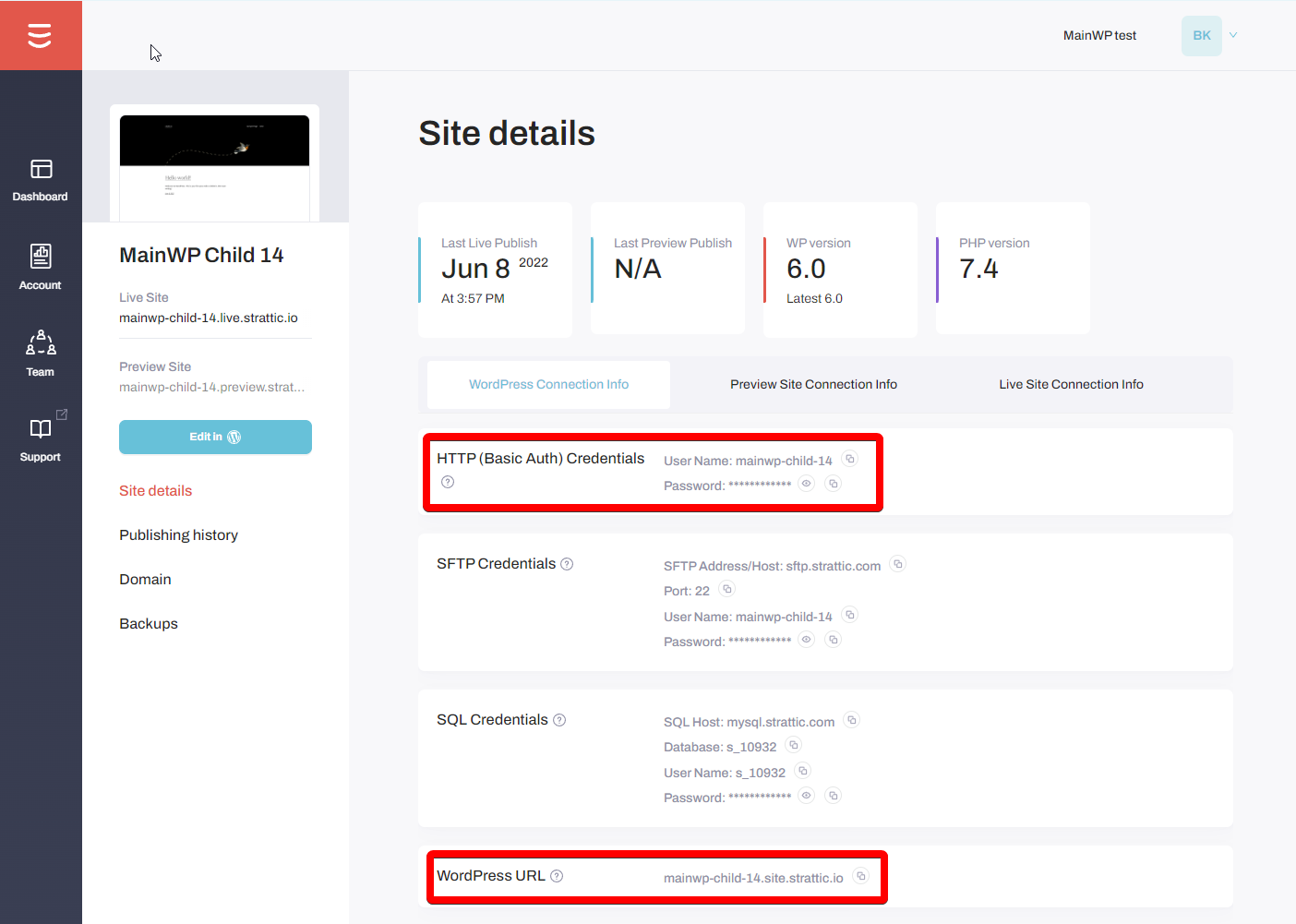 Strattic Dashboard showing HTTP credentials and WordPress URL
