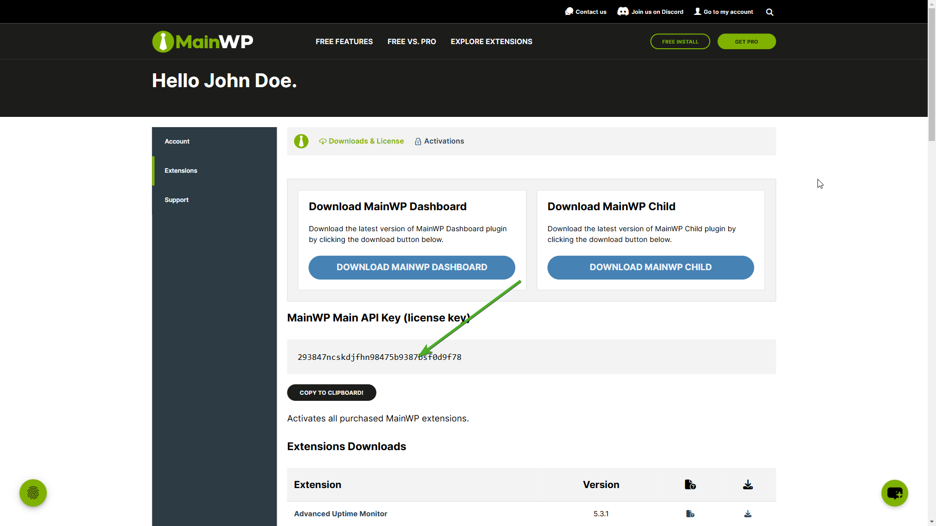 MainWP main API key in the My Account page.