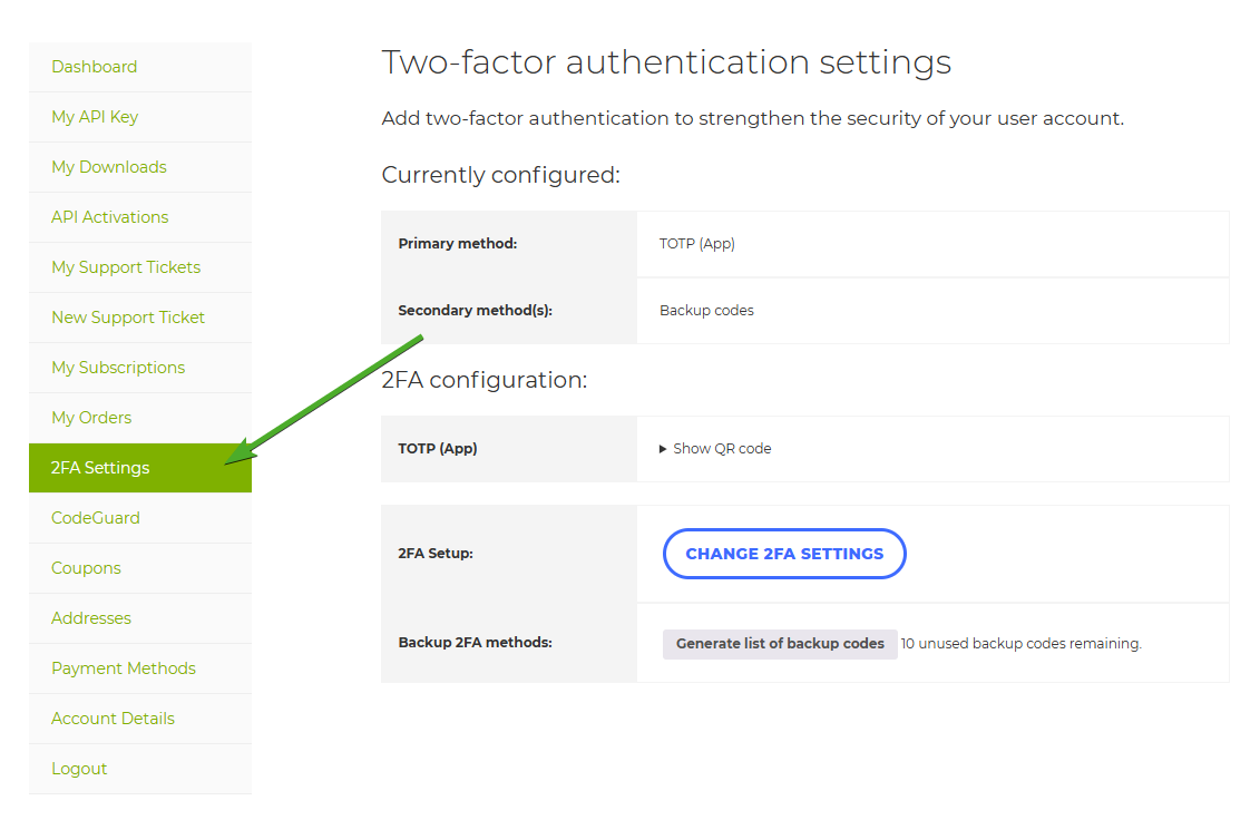 MainWP.com account page with 2FA Settings navigation