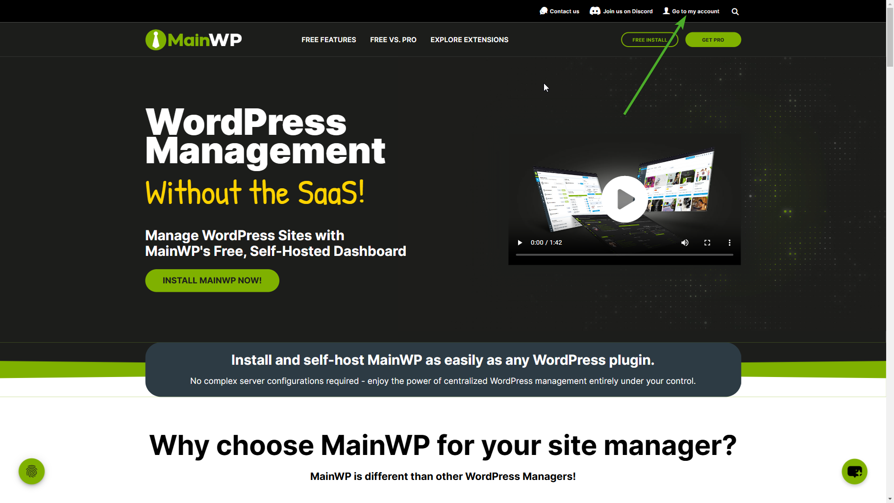 Arrow pointing to Go to My Account link on mainwp.com homepage.