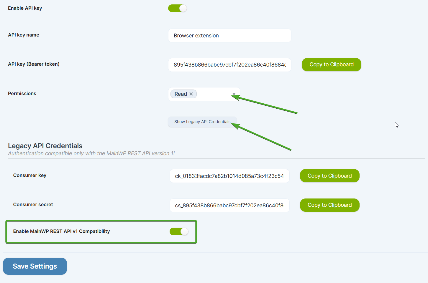 REST API settings showing Legacy API Credentials section