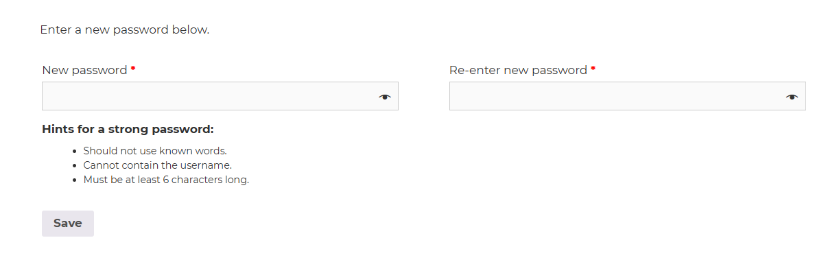 New password entry form with Save button