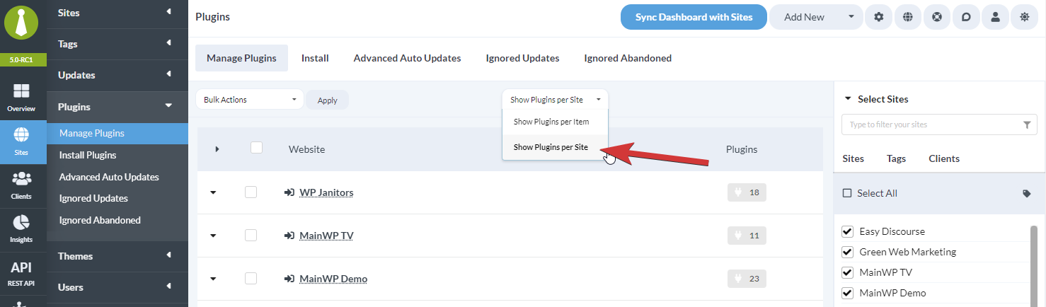Change the view to Show Plugins per Site