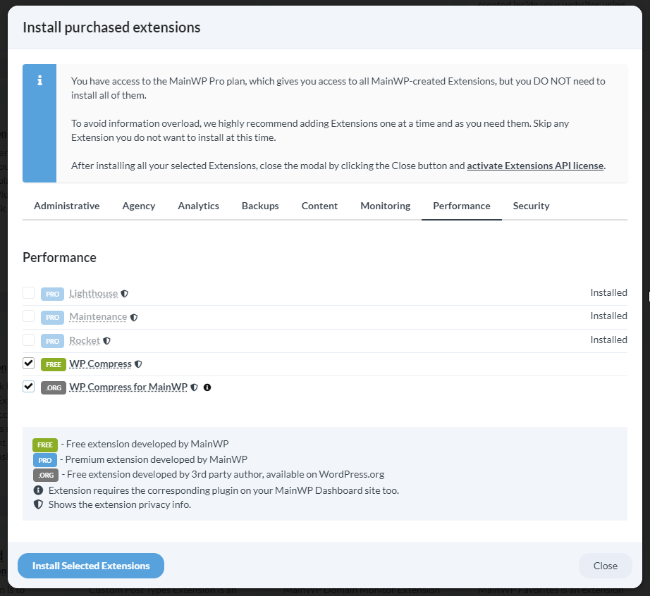 Extension selection modal showing available free extensions
