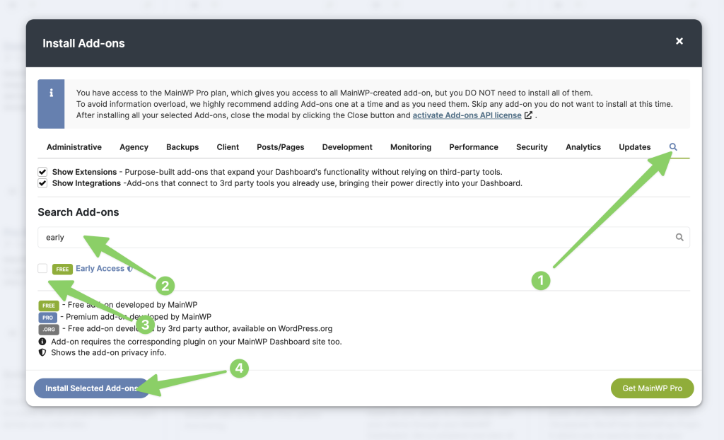 MainWP Add-ons page showing Early Access extension installation