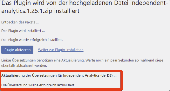 WordPress admin showing automatic translation fetch after direct plugin installation