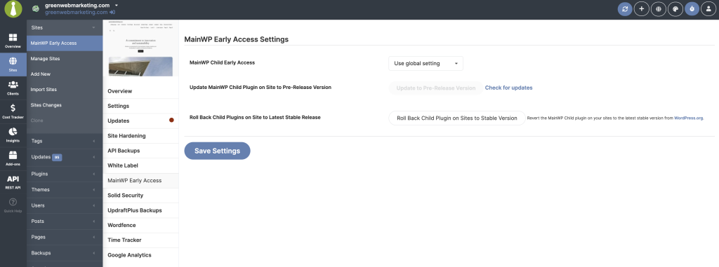Early Access Child Site settings with per-site options