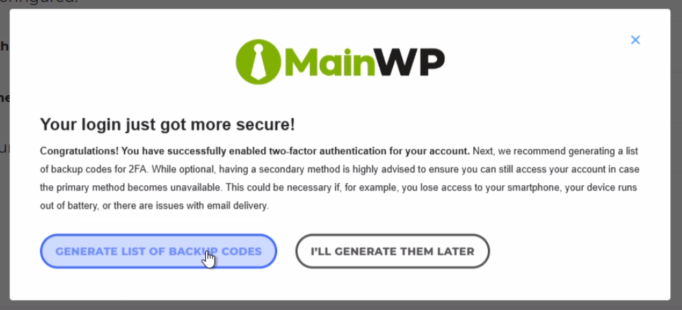 Option to generate backup codes for 2FA recovery