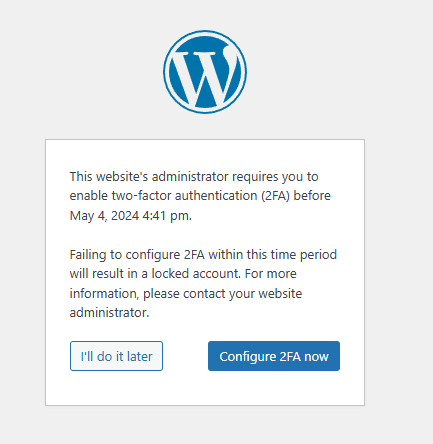 MainWP.com account notice prompting 2FA configuration