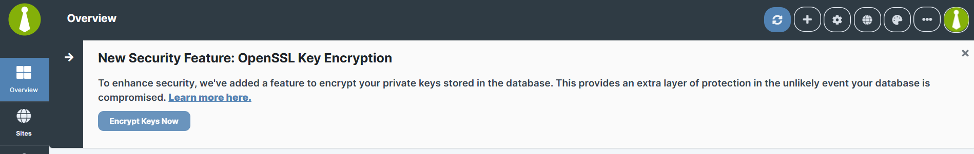 Shows the UI of MainWP Dashboard and the prompt to encrypt Keys after updating to v5.3